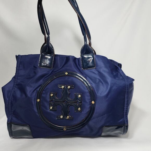 Tory Burch Ella Nylon Tote Navy Blue Patent Trim Logo Large Shoulder Bag Purse - Picture 10 of 16